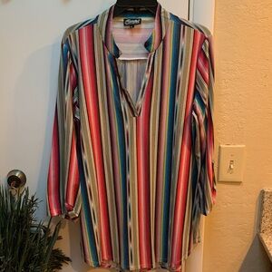 Cowgirl Hardware Colorful Striped V-Neck Blouse Career Casual Size XL